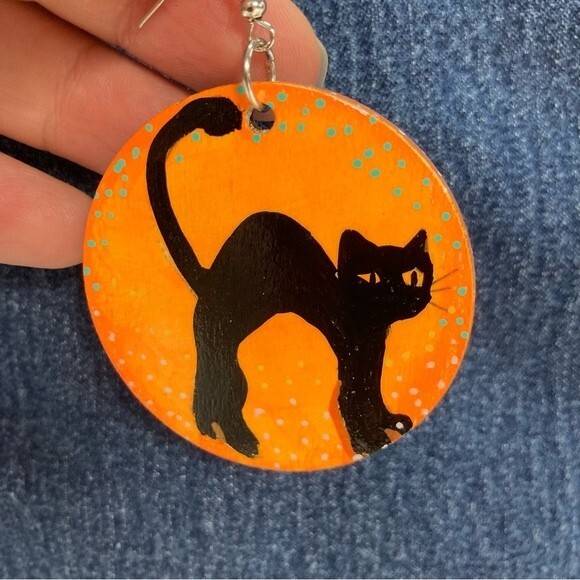 Halloween Black Cat Wooden One-Of-A-Kind Hand Painted Earrings Handmade Witchy - Picture 5 of 10